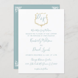 Monogram Wappen Gold Dusty Blue Wedding Einladung