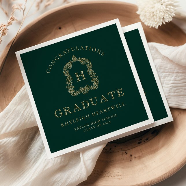 Monogram Wappen Green Gold Graduation Party Serviette (Von Creator hochgeladen)