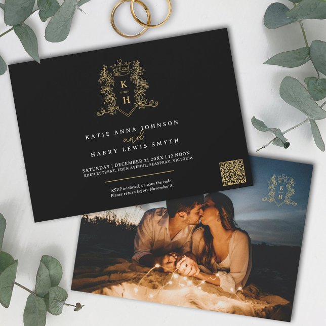 Monogram Wappen Herz Krone Schwarzgoldene Hochzeit Einladung (Von Creator hochgeladen)