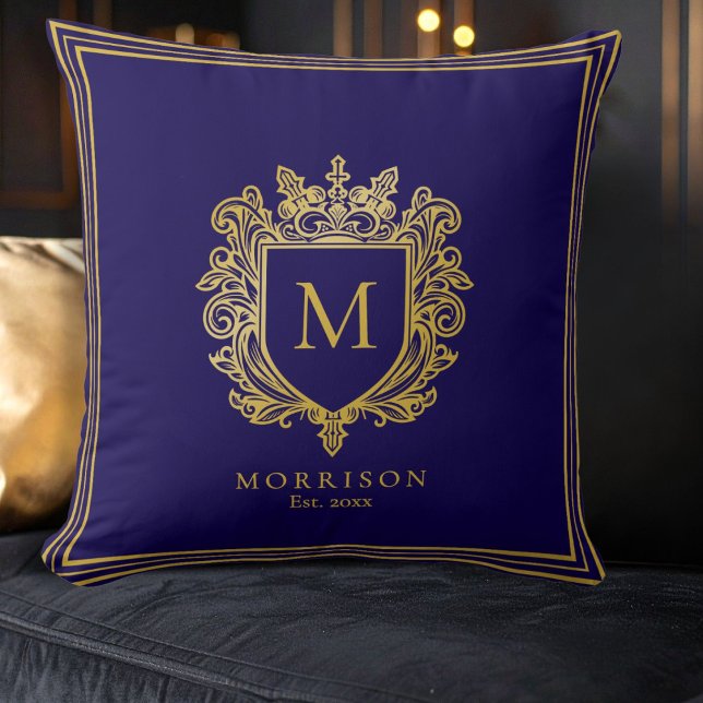 Monogram-Wappen-Kissen Kissen (Gold Monogram Crest Blue Throw Pillow)