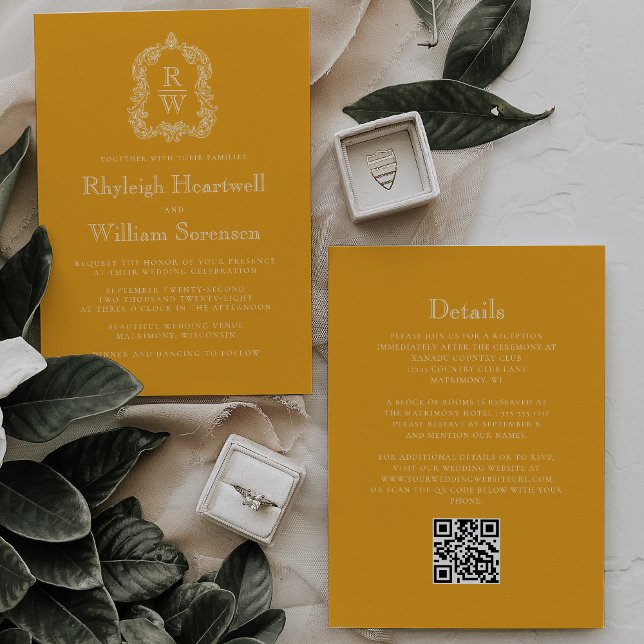 Monogram Wappen Marigold Yellow QR Code Hochzeit Einladung (Von Creator hochgeladen)