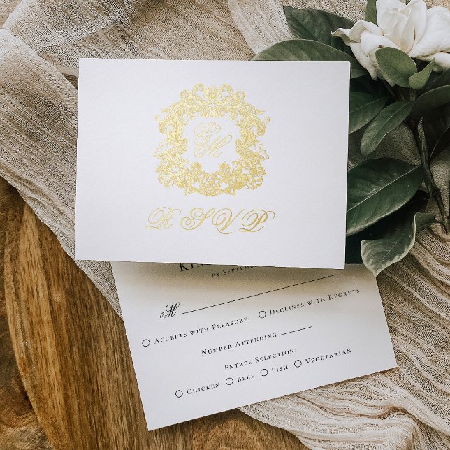Monogram Wappen Menu Wedding Gold Foil RSVP Card Folie Einladungspostkarte (Von Creator hochgeladen)
