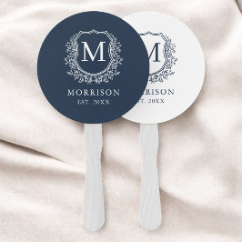 Monogram Wappen Navy Blue Botanical Wedding Fächer