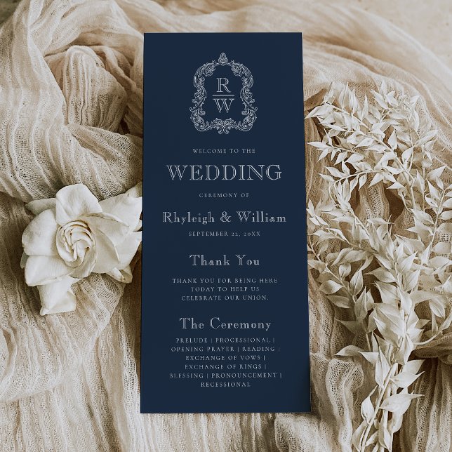 Monogram Wappen Navy Blue Wedding Programm (Von Creator hochgeladen)