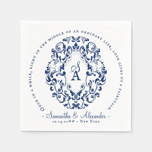 Monogram Wappen Old Print Royal Blue Wedding Serviette (Vorderseite)