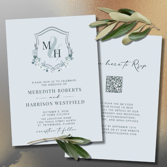Monogram Wappen QR Code UAWG Dusty Blue Wedding Einladung (Double Sided Wedding Invitation Elegant Monogram Crest QR Code Dusty Blue)