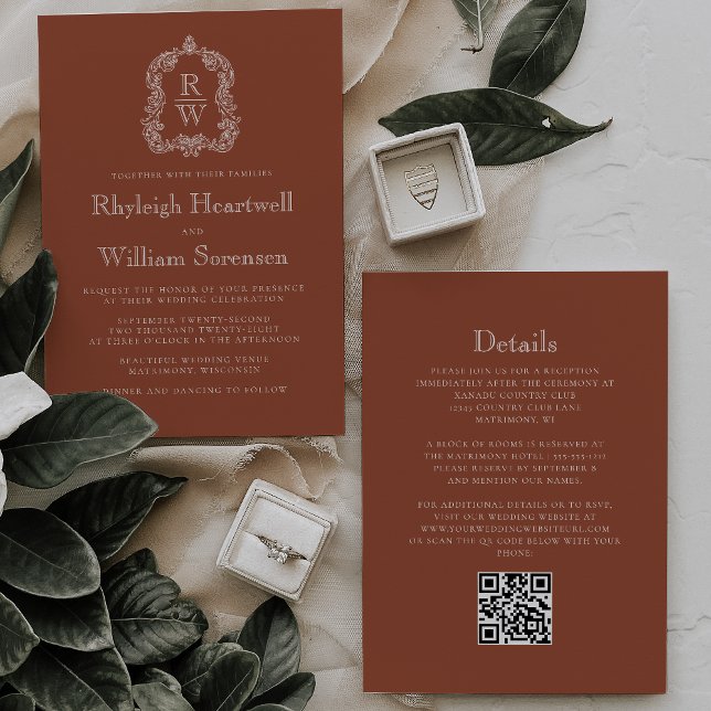 Monogram Wappen Terracotta QR Code Hochzeit Einladung (Von Creator hochgeladen)