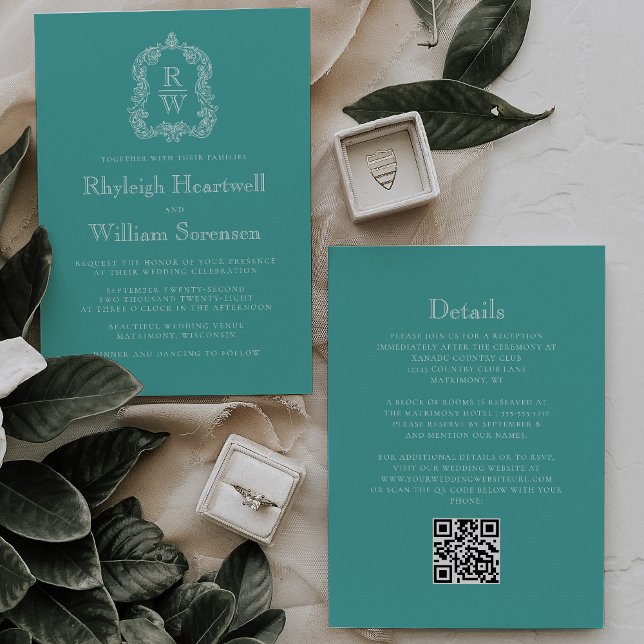 Monogram Wappen Türkis QR Code Hochzeit Einladung (Von Creator hochgeladen)