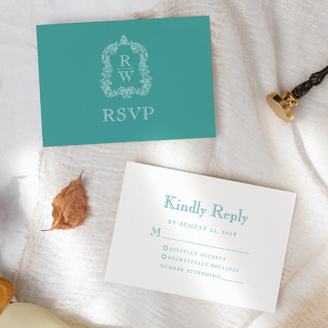 Monogram Wappen Turquoise Wedding RSVP Karte (Von Creator hochgeladen)