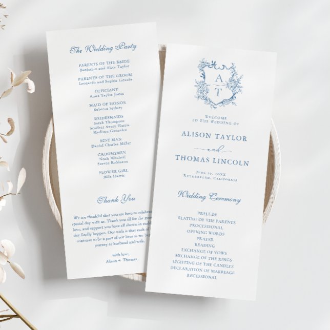 Monogram Wappen Vibranly Blue Wedding Program Card Menükarte (Von Creator hochgeladen)