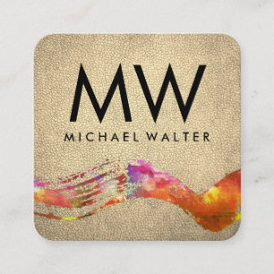 Monogram Wasserfarbe mit Chic Gold Leder gebürstet Quadratische Visitenkarte