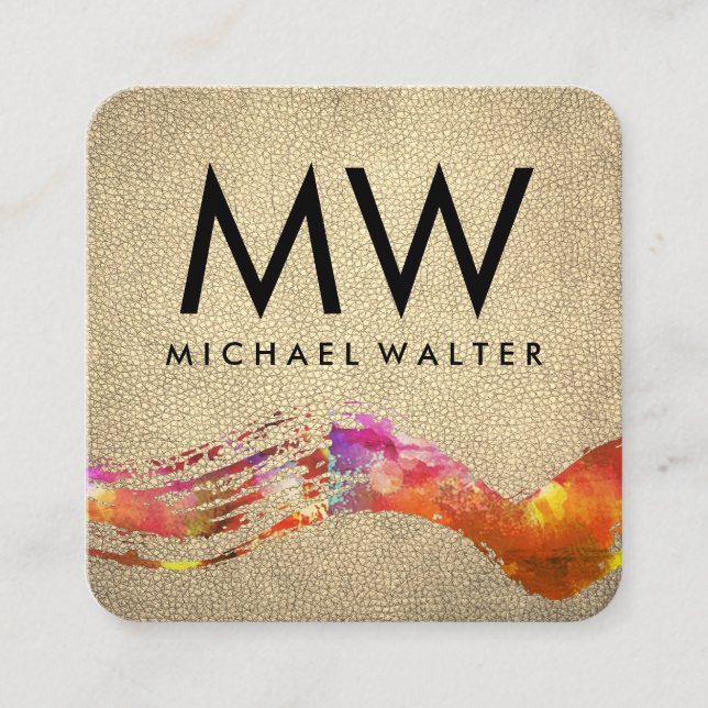 Monogram Wasserfarbe mit Chic Gold Leder gebürstet Quadratische Visitenkarte (Vorderseite)