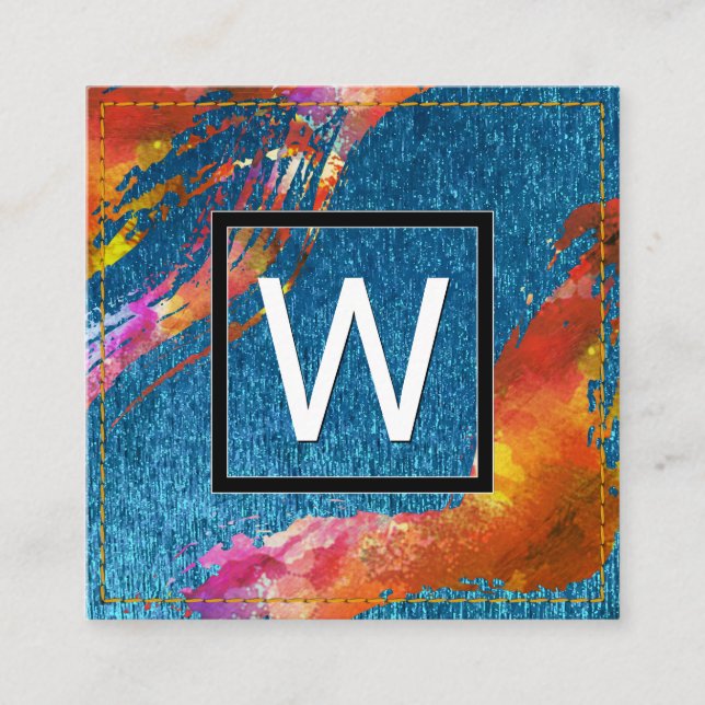 Monogram Wasserfarbe Pinselblau Textur geheftet Quadratische Visitenkarte (Vorderseite)