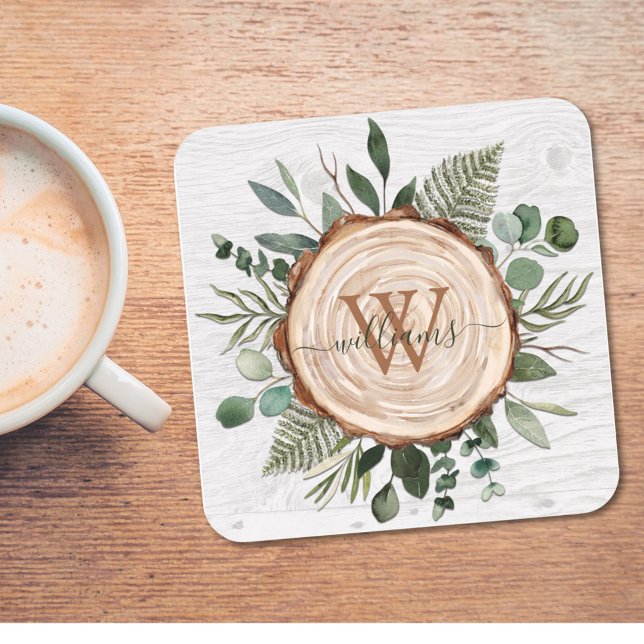 Monogram Wasserfarbe Rustikaler Holzschnitt und Fo Rechteckiger Pappuntersetzer (In situ)