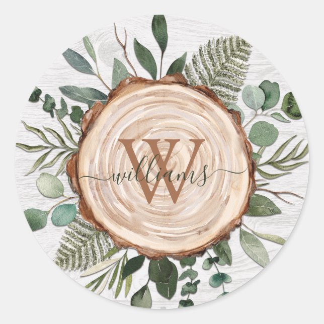 Monogram Wasserfarbe Rustikaler Holzschnitt und Fo Runder Aufkleber (Vorderseite)