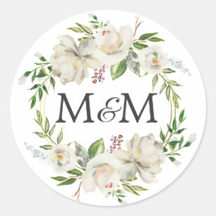 Monogram Watercolor Antique White Floral Wedding Runder Aufkleber