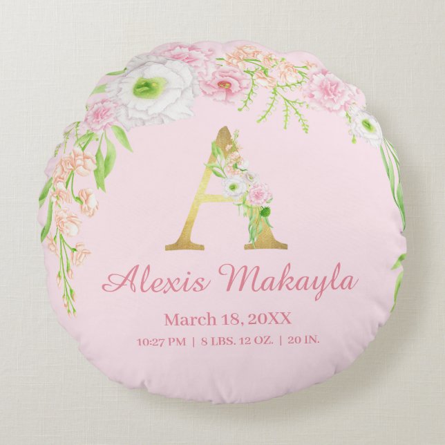 Monogram Watercolor Baby Stats Rundes Kissen (Vorderseite)