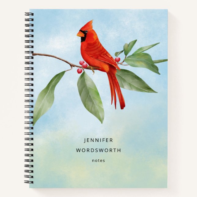 Monogram Watercolor Blue Green Kardinal Red Bird Notizbuch (Vorderseite)