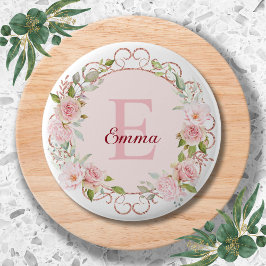 Monogram Watercolor Blush Pink Rose Flowers Floral Button