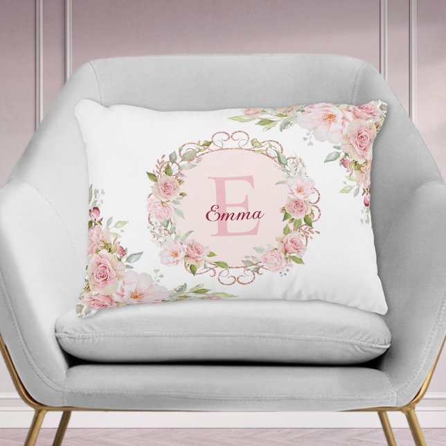 Monogram Watercolor Blush Pink Rose Flowers Floral Dekokissen (In situ)