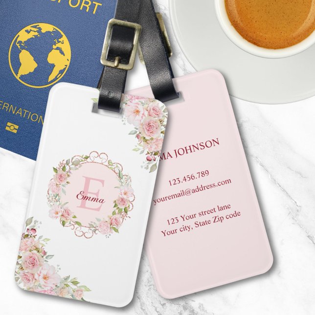 Monogram Watercolor Blush Pink Rose Flowers Floral Gepäckanhänger (In situ)