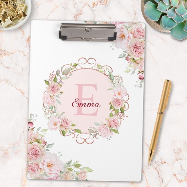 Monogram Watercolor Blush Pink Rose Flowers Floral Klemmbrett (In situ)