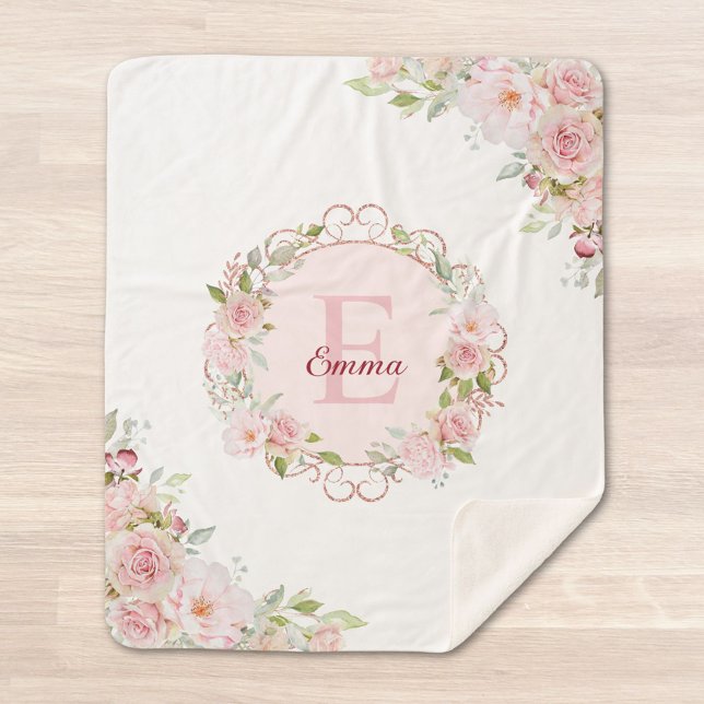 Monogram Watercolor Blush Pink Rose Flowers Floral Sherpadecke (Close up)