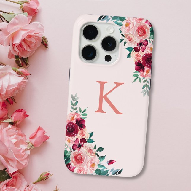 Monogram Watercolor Boho Pink Burgundy Rose Blume Case-Mate iPhone Hülle (In situ)