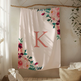 Monogram Watercolor Boho Pink Burgundy Rose Floral Fleecedecke