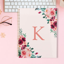 Monogram Watercolor Boho Pink Burgundy Rose Notizbuch