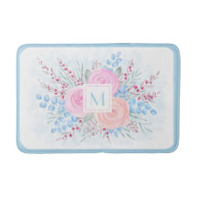 Monogram Watercolor Bouquet Pink Roses Blue Blätte