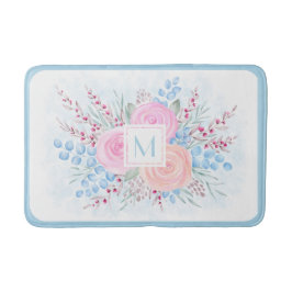 Monogram Watercolor Bouquet Pink Roses Blue Blätte Badematte