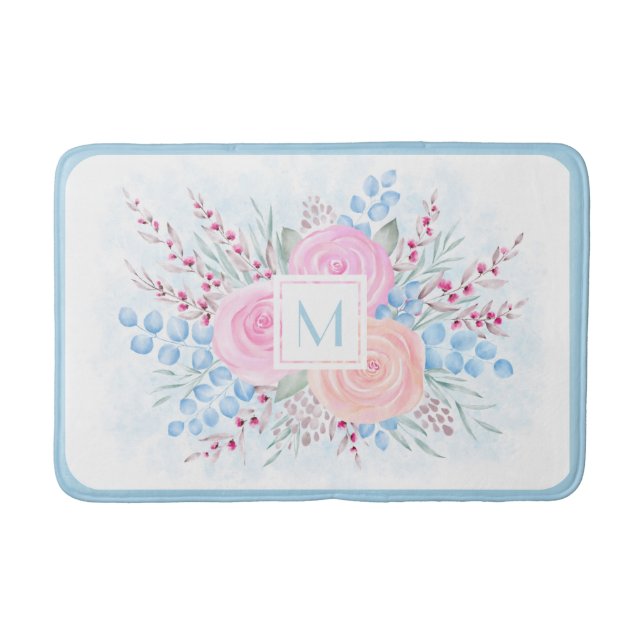 Monogram Watercolor Bouquet Pink Roses Blue Blätte Badematte (Vorderseite)