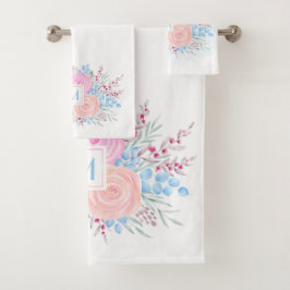 Monogram Watercolor Bouquet Pink Roses Blue Blätte Badhandtuch Set