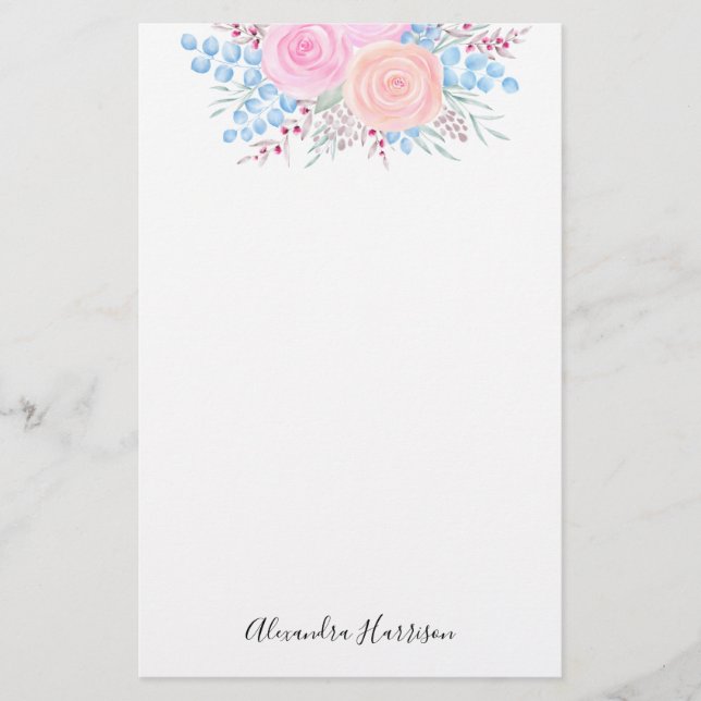 Monogram Watercolor Bouquet Pink Roses Blue Blätte Briefpapier (Vorderseite)