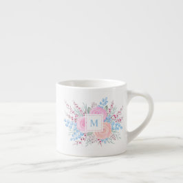 Monogram Watercolor Bouquet Pink Roses Blue Blätte Espressotasse