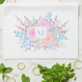 Monogram Watercolor Bouquet Pink Roses Blue Blätte Geschirrtuch