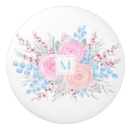 Monogram Watercolor Bouquet Pink Roses Blue Blätte Keramikknauf