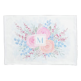 Monogram Watercolor Bouquet Pink Roses Blue Blätte Kissenbezug