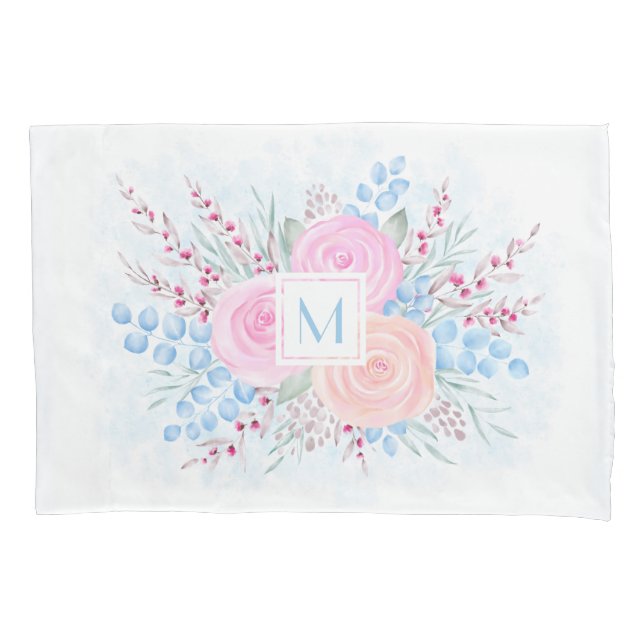 Monogram Watercolor Bouquet Pink Roses Blue Blätte Kissenbezug (Vorderseite)