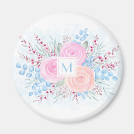 Monogram Watercolor Bouquet Pink Roses Blue Blätte Magnet