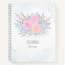 Monogram Watercolor Bouquet Pink Roses Blue Blätte Notizbuch