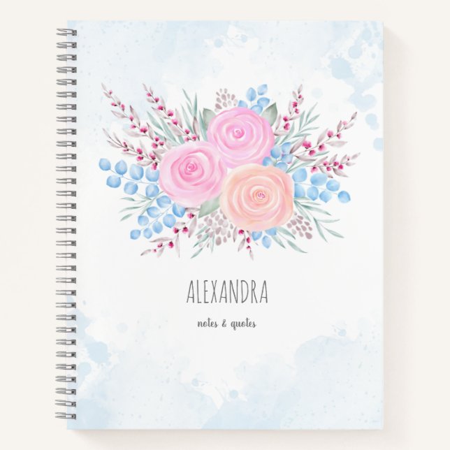 Monogram Watercolor Bouquet Pink Roses Blue Blätte Notizbuch (Vorderseite)