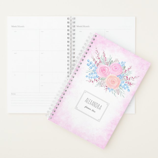 Monogram Watercolor Bouquet Pink Roses Blue Blätte Planer (Anzeige)