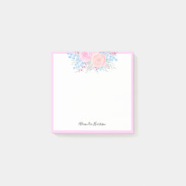 Monogram Watercolor Bouquet Pink Roses Blue Blätte Post-it Klebezettel