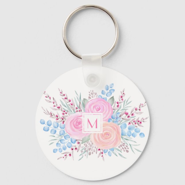 Monogram Watercolor Bouquet Pink Roses Blue Blätte Schlüsselanhänger (Vorderseite)