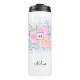 Monogram Watercolor Bouquet Pink Roses Blue Blätte Thermosbecher