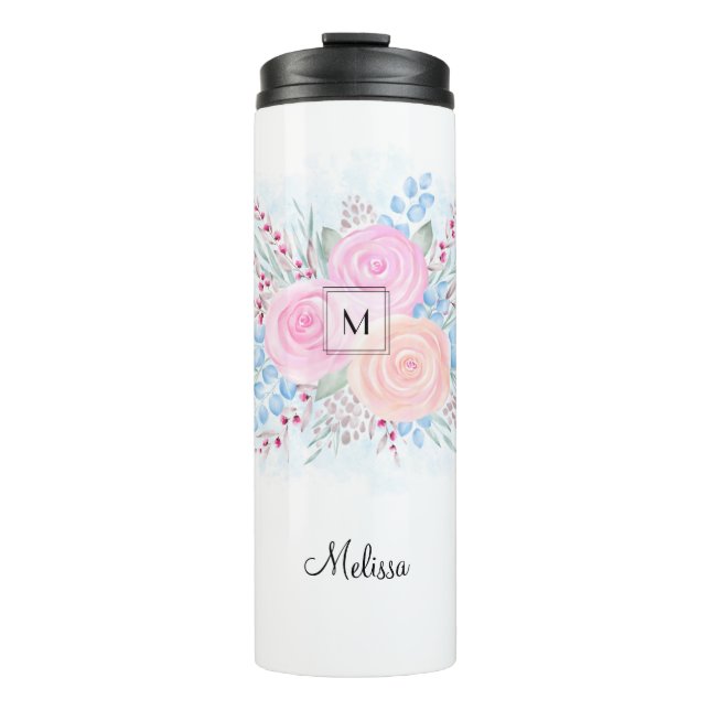 Monogram Watercolor Bouquet Pink Roses Blue Blätte Thermosbecher (Vorderseite)