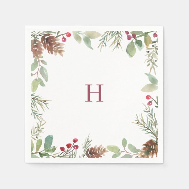 Monogram Watercolor Christmas Greenery Berry Serviette (Vorderseite)