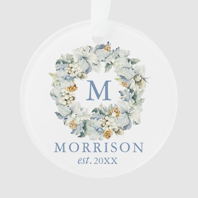 Monogram Watercolor Dusty Blue Floral Wreath Ornament (Vorderseite)